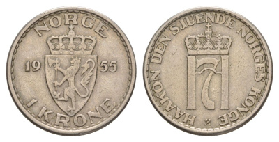 Норвегия 1 крона 1955 Хокон VII (1905-1957) KM 397 медно-никель 4635-633