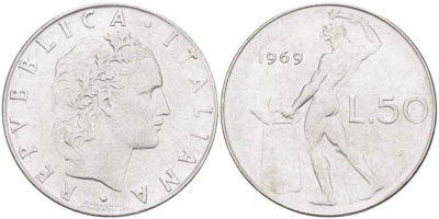 ИТАЛИЯ 50 ЛИР 1969 R, КУЗНЕЦ, ВУЛКАН БОГ ОГНЯ, ДИАМЕТР 25 ММ. KM 95.1 нержавеющая сталь 4388-211