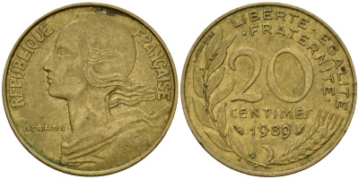 Франция 20 сантимов 1989 тип Marianne KM 930 алюминиевая бронза 4393-1045