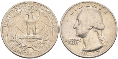 США 25 центов (квотер) 1967 Вашингтон KM 164a медь плакированная медно-никелем 83-1333