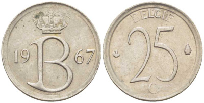 Бельгия 25 сантимов 1967 Belgie, Бодуэн I (1951-1993) KM 154.1 медно-никель 214-145
