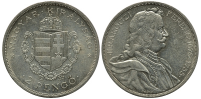 Венгрия 2 пенге 1935 50 лет со дня смерти Ференца II Ракоци KM 514 серебро aUNC 3896-1131