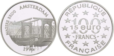 Франция 100 франков - 15 евро 1996 серия архитектурные монументы Европы, Магере-Брюг в Амстердаме, разводной мост через реку Амстел KM 1156 серебро PROOF 1074-4-64