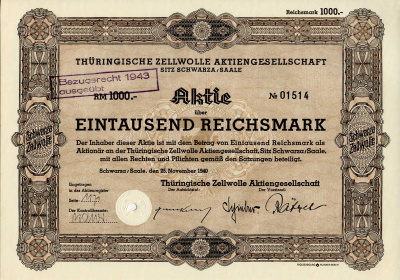Германия 1000 рейхсмарок 1940 Тюрингская компания по производству целлюлозы, Шварца, Заале, акция   бумага   8803-121-1