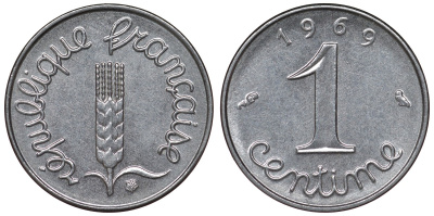 Франция 1 сантим 1969 пятая республика KM 928, Le Franc 106.18 нержавеющая сталь 4124-419