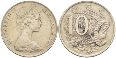 Австралия 10 центов 1971 Елизавета II (1952-), птица лирахвост KM 65 медно-никель 3457-641