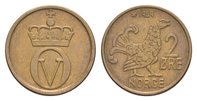Норвегия 2 эре 1959 глухарь, Улаф V (1958-1991) KM 410 бронза 4649-1216