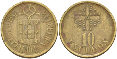 ПОРТУГАЛИЯ 10 ЭСКУДО 1987 KM 633 никель латунь 4519-821