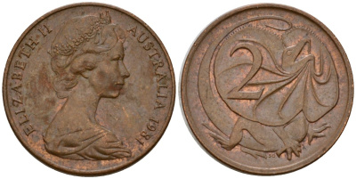 Австралия 2 цента 1981 Елизавета II (1952-2022), молодой портрет, плащеносная ящерица KM 63 бронза 4601-751
