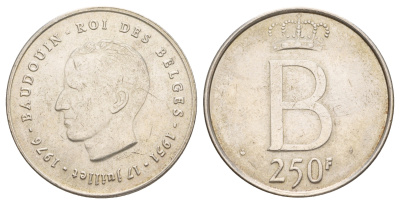 Бельгия 250 франков 1976 25 лет правления Бодуэна I, des Belges KM 157.1 серебро 413-843