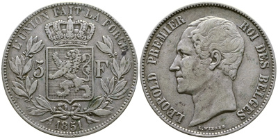 Бельгия 5 франков 1851 Леопольд I (1831-1865) KM 17 серебро 00-1067-3-62