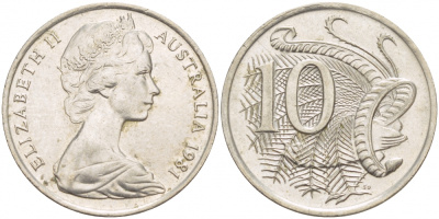 Австралия 10 центов 1981 Елизавета II (1952-), птица лирахвост KM 65 медно-никель UNC 4539-1117