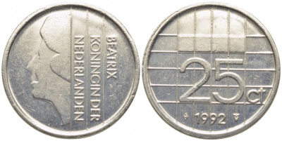НИДЕРЛАНДЫ 25 ЦЕНТОВ 1992 БЕАТРИКС KM 204 никель 112-328