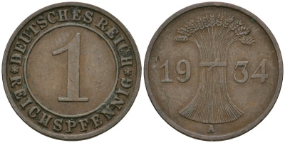 Германия 1 рейхспфенниг 1934 A KM 37, J. 313 бронза 4189-1248
