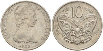 Новая Зеландия 10 центов 1972 Елизавета II (1952-2022), маска маори KM 41.1 медно-никель 212-1134