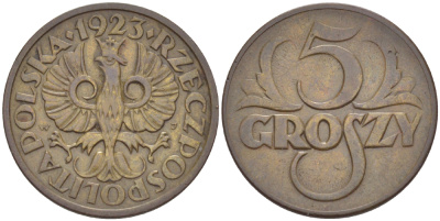 ПОЛЬША 5 ГРОШЕЙ 1923 KM 10, Parchimowicz 103a латунь 216-935