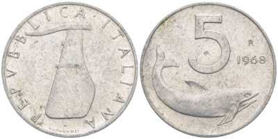 ИТАЛИЯ 5 ЛИР 1968 R, ДЕЛЬФИН, РУЛЬ KM 92 алюминий 4551-121