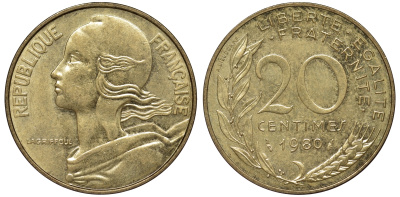 Франция 20 сантимов 1980 KM 930 медь алюминий никель 4543-546