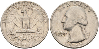 США 25 центов (квотер) 1965 Вышингтон KM 164а медь плакированная медно-никель 4586-617