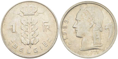 БЕЛЬГИЯ 1 ФРАНК 1965 BELGIE, БОДУЭН I (1951-1993) KM 143.1 медно-никель 213-334