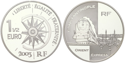 Франция 1 1/2 евро 2003 серия история путешествий, восточный экспресс, в оригинальной коробке KM 2006 серебро  PROOF  3-4-6-05