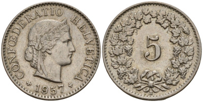Швейцария 5 раппенов 1957 B KM 26 медно-никель 4189-331