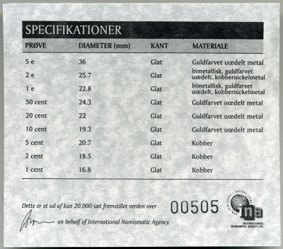 Дания евронабор из 9 монет 2002 proba, пробники, в оригинальной коробке, с сертификатом, включая 5 евро, запайка PROOF 1-4-6-08