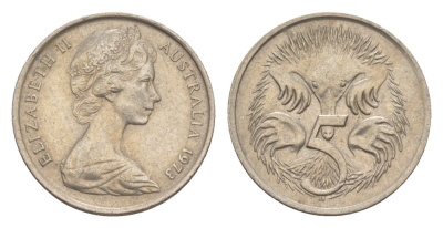 Австралия 5 центов 1973 Елизавета II (1952-2022) молодой портрет, ехидна KM 64 медно-никель 4151-1225