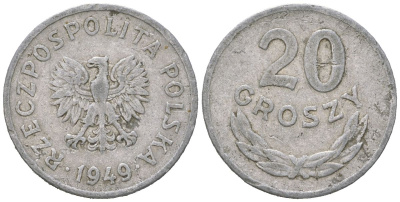 Польша 20 грошей 1949 MW Y 43a алюминий 4618-263