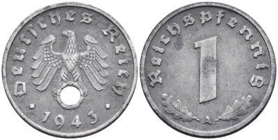 ГЕРМАНИЯ 1 РЕЙХСПФЕННИГ 1943 A KM 97, J. 369 цинк 4547-238
