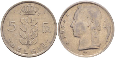 БЕЛЬГИЯ 5 ФРАНКОВ 1974 BELGIE, БОДУЭН I (1951-1993) KM 135.1 медно-никель 213-427