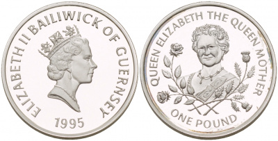 Гернси 1 фунт 1995 Королева Елизавета, королева мать KM 77 серебро PROOF 1094-6-52