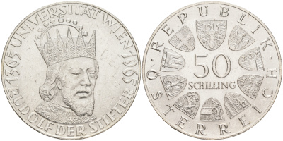 Австрия 50 шиллингов 1965 600 лет образования Университета Вены KM 2898 серебро aUNC 4557-312