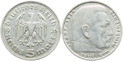 Германия 5 рейхсмарок 1935 D, Пауль фон Гинденбург (1847-1934) KM 86, J. 360 серебро 221-143