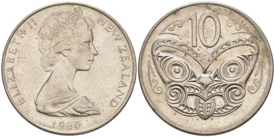 Новая Зеландия 10 центов 1980 Елизавета II (1952-2022), маска маори KM 41.1 медно-никель 94-451