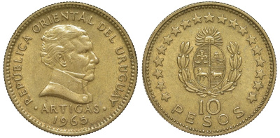Уругвай 10 песо 1965 KM 48 алюминиевая бронза 4574-635