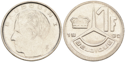 БЕЛЬГИЯ 1 ФРАНК 1990 BELGIQUE KM 170 железо плакированное никелем 4588-513