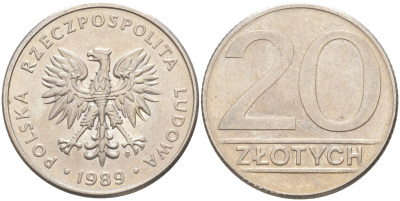 ПОЛЬША 20 ЗЛОТЫХ 1989 MW KM 153.2 медно-никель 106-656
