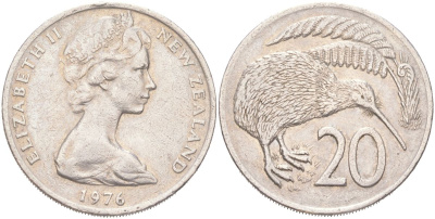 Новая Зеландия 20 центов 1976 Елизавета II (1952-2022), птичка киви KM 36 медно-никель 4132-1034