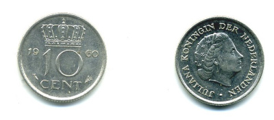 НИДЕРЛАНДЫ 10 ЦЕНТОВ 1960 ЮЛИАНА KM 182 никель 76-333