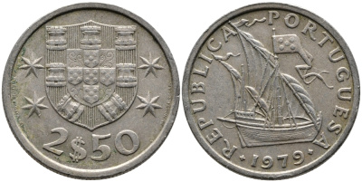 ПОРТУГАЛИЯ 2,5 ЭСКУДО 1979 ПАРУСНИК KM 590 медно-никель 99-1161