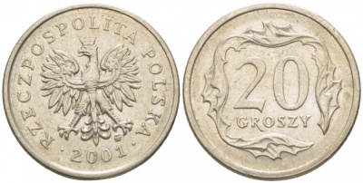 Польша 20 грошей 2001 MW KM 280 медно-никель 112-1253