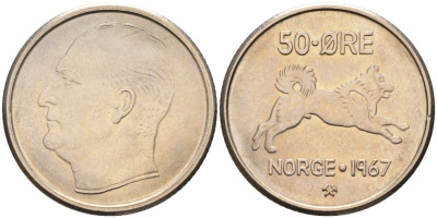 Норвегия 50 эре 1967 Улаф V (1957-1991), собака KM 408 медно-никель UNC 4582-715