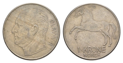 Норвегия 1 крона 1972 Улаф V (1957-1991), лошадь KM 409 медно-никель 4635-655