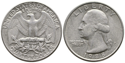 США 25 ЦЕНТОВ = КВОТЕР 1988 P, ВАШИНГТОН KM А164а медь плакированная медно-никелем 23-234