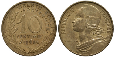 Франция 10 сантимов 1963 тип Marianne KM 929, Le Franc 144.3 медь алюминий никель 186-853