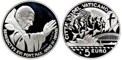 Ватикан 5 евро 2008 Всемирный день молодежи и 10 евро 2008 Всемирный день мира, Бенедикт XVI, в оригинальных коробках с сертификатами KM 406, 407 серебро PROOF 4-3-3-04