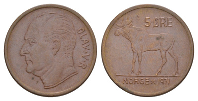 Норвегия 5 эре 1971 Улаф V (1957-1991) KM 405 бронза UNC 4635-621