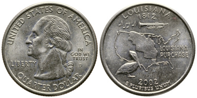 США 25 центов = квотер 2002 D, серия штаты США, Луизиана KM 333 медь плакированная медно-никелем UNC 80-253