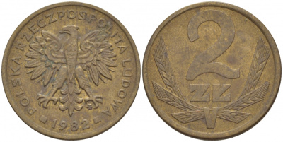 ПОЛЬША 2 ЗЛОТЫХ 1982 MW KM 80.1 латунь 4548-521